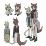  2girls aketa_mikoto animal_ears black_shirt blue_jacket blush brown_hair chibi cropped_legs cyabo_55 fingernails full_body furrification furry gradient_hair green_hair green_skirt grey_jacket grey_shirt idolmaster idolmaster_shiny_colors jacket looking_at_viewer multicolored_hair multiple_girls multiple_views nail_polish nanakusa_nichika pants shhis_(idolmaster) shirt short_twintails simple_background skirt tail tail_through_clothes twintails white_background white_pants 