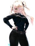  1girl black_pants blonde_hair breasts denim eyepatch fischl_(genshin_impact) green_eyes highres jeans long_hair long_sleeves looking_at_viewer medium_breasts non-web_source pants shirt simple_background smile solo standing white_hair 