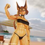  2023 3d_(artwork) abs absurd_res angry anthro athletic athletic_female bandeau beach bikini bikini_bottom black_bikini black_clothing black_swimwear blush bodily_fluids breasts brown_hair canid canine canis clothing collar digital_media_(artwork) dobermann dog_knight_rpg domestic_dog embarrassed female flexing fur hair hi_res mammal multicolored_body multicolored_fur muscular muscular_anthro muscular_female navel pinscher rory_(ceehaz) seaside snakemayo solo sweat swimwear topwear tube_top two_tone_body two_tone_fur under_boob 