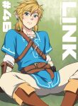  belt blonde_hair blue_eyes breath_of_the_wild clothing ear_piercing ear_ring footwear hair hi_res humanoid humanoid_pointy_ears hylian ignitioncrisis light_body light_skin link male nintendo not_furry piercing ring_piercing simple_background sitting solo text the_legend_of_zelda url 