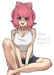  1girl :d alternate_costume barefoot black_shorts breasts cleavage commentary_request echizen_(n_fns17) eyelashes hairband highres klara_(pokemon) legs looking_at_viewer medium_hair navel open_mouth pink_hair pink_hairband pokemon pokemon_(game) pokemon_swsh purple_eyes shirt shorts simple_background sitting sleeveless sleeveless_shirt smile solo tongue translation_request white_background white_shirt 