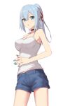  1girl :o aqua_eyes aqua_nails bare_arms bare_shoulders black_choker blue_hair breasts camisole choker cowboy_shot denim denim_shorts elfenlied22 expressionless hair_between_eyes hair_ribbon highres large_breasts long_hair looking_at_viewer nail_polish open_mouth original own_hands_together ponytail red_ribbon ribbon shorts simple_background solo steepled_fingers white_background white_camisole 