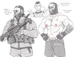  2boys abs anger_vein artist_name bara bite_mark bulletproof_vest call_of_duty call_of_duty:_modern_warfare_2 dilfborne_(ventiskull) double_v english_text fingerless_gloves ghost_(modern_warfare_2) gloves greyscale gun hands_on_own_hips highres holding holding_gun holding_weapon implied_yaoi jacket large_pectorals male_focus mask monochrome multiple_boys muscular muscular_male navel nipple_piercing nipples pants pectorals piercing short_hair skull_mask soap_(modern_warfare_2) v weapon 