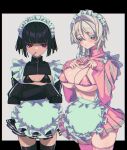  2girls angellyuna apron bikini black_bikini black_hair black_jacket black_thighhighs blue_eyes breastless_clothes breasts cigarette faust_(limbus_company) heart heart_hands jacket jersey_maid large_breasts limbus_company maid maid_headdress multiple_girls pink_bikini pink_jacket pink_skirt pink_thighhighs pleated_skirt project_moon red_eyes ryoshu_(limbus_company) short_hair simple_background skirt small_breasts smoking swimsuit thighhighs unconventional_maid white_apron white_hair 
