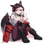  1girl animal_ears arknights bare_shoulders beanie black_footwear black_headwear black_pantyhose boots breasts cleavage clothes_writing diamond-shaped_pupils diamond_(shape) ears_through_headwear fox_ears fox_girl fox_tail frostleaf_(arknights) grey_hair grey_shirt hat headphones highres jacket knee_pads knees_up long_hair long_sleeves off-shoulder_shirt off_shoulder open_clothes open_jacket oripathy_lesion_(arknights) pantyhose red_eyes red_jacket shirt simple_background sitting small_breasts solo symbol-shaped_pupils tail truffletrefla v white_background 