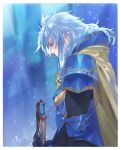  1boy armor blue_armor blue_background breastplate cape final_fantasy final_fantasy_i full_armor holding holding_sword holding_weapon light_particles long_hair male_focus nini_tw99 pauldrons purple_hair shoulder_armor solo sword warrior_of_light_(ff1) weapon white_hair yellow_cape 