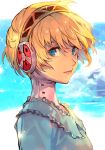  1girl aegis_(persona) blonde_hair blue_dress blue_eyes day dress from_side headphones hungry_clicker lips looking_at_viewer outdoors persona persona_3 portrait profile short_hair sky solo 