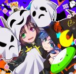  1girl 2boys animal_ears ashton_anchors blue_eyes blue_hair cat_ears cat_tail claude_kenni closed_mouth cross dated ghost_costume halloween hat highres looking_at_viewer mayashtale multiple_boys open_mouth pointy_ears pointy_hat priest rena_lanford short_hair smile star_ocean star_ocean_the_second_story tail witch_hat 