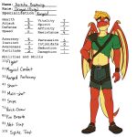  accessory anthro armor bottomwear bracelet clothed clothing crop_top dragon english_text footwear fuze headband hi_res jewelry male mangle_(fuze) membrane_(anatomy) membranous_wings midriff model_sheet navel scalie shirt shoes shorts simple_background solo spaulder text topwear torn_clothing white_background wings 