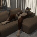  1:1 2023 3d_(artwork) absurd_res anthro balls blender_(software) blue_hair brown_body brown_fur canid canine canis digital_media_(artwork) domestic_dog english_text erection fur furniture genitals hair hi_res lying male mammal masturbation nude on_back pale_fur pauwer pauwer_(pauwer) penis sofa solo text tongue tongue_out winterpaw_canine 