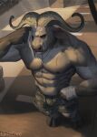  abs anthro bottomwear bovid bovine bulge cape_buffalo chief_bogo clothed clothing cloven_hooves disney fur grey_body grey_fur hand_wraps hi_res high-angle_view hooves horn jewelry lynncore male mammal muscular muscular_anthro muscular_male necklace partially_clothed pecs shirtless shorts solo wiping_sweat wraps zootopia 