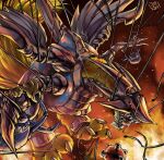  3others cable digimon digimon_(creature) dragon fighting fire giromon horns looking_at_another multiple_others no_humans oden_(odenzzi) open_mouth raptordramon red_eyes sharp_teeth teeth tying 