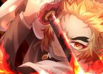  1boy closed_mouth demon_slayer_uniform dutch_angle dynamic_pose flaming_weapon forked_eyebrows furrowed_brow haori highres holding holding_sword holding_weapon japanese_clothes kimetsu_no_yaiba long_hair long_sleeves looking_at_viewer male_focus one_eye_covered orange_eyes rengoku_kyoujurou signature solo sword sword_writing weapon white_haori yume_kawa_yume 