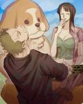  1boy 1girl animal black_hair blunt_bangs closed_eyes cloud cloudy_sky dog green_hair hand_on_own_chin katana long_hair looking_at_another nico_robin nsgw one_piece open_clothes outdoors roronoa_zoro short_hair sitting sky smile sword teeth weapon 