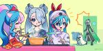  4girls alternate_costume armband beanie bird blue_eyes blue_hair chopsticks collared_shirt commentary_request cooking cooking_pot curly_hair double_bun eating fairy_miku_(project_voltage) fighting_miku_(project_voltage) flower flying_miku_(project_voltage) gradient_hair green_armband hair_between_eyes hair_bun hair_flower hair_ornament hair_over_one_eye hair_ribbon hands_up hat hatsune_miku headphones highres holding holding_chopsticks index_finger_raised indoors korean_commentary korean_text long_hair long_sleeves looking_at_another multicolored_hair multiple_girls necktie notice_lines open_mouth phaysungyen pink_hair pokemon pokemon_(creature) project_voltage psychic psychic_miku_(project_voltage) red_flower red_ribbon ribbon shirt sidelocks sirfetch&#039;d smile speech_bubble spoken_sweatdrop spring_onion standing steam stove surprised sweatdrop translation_request twintails two-tone_hair upper_body very_long_hair vocaloid white_hair white_headwear white_necktie white_shirt 