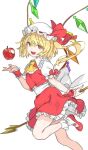  1girl :d apple ascot back_bow blonde_hair bobby_socks bow breasts crystal fang flandre_scarlet food foot_out_of_frame frilled_shirt_collar frills fruit haimura_kiyotaka hair_between_eyes hand_up hat holding looking_at_viewer mob_cap one_side_up petticoat red_eyes red_skirt red_vest short_hair short_hair_with_long_locks skirt skirt_set sleeves_past_wrists small_breasts smile socks solo standing standing_on_one_leg touhou vest wings yellow_ascot 