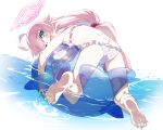  1girl ;d absurdres ahoge ass barefoot bikini blue_archive blue_eyes commentary_request flat_chest from_behind hair_bobbles hair_ornament halo highres hoshino_(blue_archive) hoshino_(swimsuit)_(blue_archive) inflatable_toy inflatable_whale long_hair looking_at_viewer low_twintails niko_(tama) official_alternate_costume one_eye_closed open_mouth partially_submerged pink_hair pink_halo smile soles solo swimsuit twintails wet white_bikini 