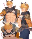  2boys abs animal_ears bar_censor bara bare_pectorals between_pectorals black_pants black_tank_top blonde_hair blush censored closed_mouth clothes_lift cropped_jacket cum cum_on_body cum_on_male cum_on_pectorals erection fur-trimmed_belt fur_collar granblue_fantasy green_eyes higashigunkan jacket large_pectorals male_focus multiple_boys multiple_views muscular muscular_male navel nipples official_alternate_costume open_clothes open_jacket open_mouth orange_jacket pants pecjob pectorals penis shirt short_hair simple_background solo_focus tail tank_top torn_clothes torn_shirt vane_(granblue_fantasy) vane_(halloween)_(granblue_fantasy) white_background white_shirt wolf_boy wolf_ears wolf_paws wolf_tail yaoi 