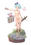  1girl bag bird blue_eyes blue_hair blush boots bow breasts commentary_request commission full_body gloves grass hair_bow holding holding_sword holding_weapon looking_at_viewer medium_bangs nipples nude okishiji_en one_eye_closed open_mouth original purple_bow pussy second-party_source short_hair simple_background skeb_commission small_breasts smile solo sword thigh_strap thumbs_up uncensored weapon white_background white_footwear white_gloves 