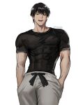  1boy abs artist_name black_eyes black_hair black_shirt cowboy_shot fushiguro_touji hands_in_pockets highres jujutsu_kaisen large_pectorals looking_down male_focus mistermagnolia muscular muscular_male open_mouth pectorals scar scar_on_face scar_on_mouth shirt short_hair simple_background skin_tight smirk solo standing teeth white_background 