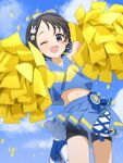  1girl bike_shorts black_eyes black_hair black_shorts blue_bow blue_footwear blue_shirt blue_skirt blue_sky blurry blurry_foreground bow cloud cloudy_sky commentary_request confetti dot_nose female_child hair_bow hair_ornament hairclip hands_up highres holding holding_pom_poms idolmaster idolmaster_cinderella_girls idolmaster_cinderella_girls_u149 light_blush looking_at_viewer megabee_e midriff navel one_eye_closed open_mouth pleated_skirt pom_pom_(cheerleading) rabbit_hair_ornament sasaki_chie shirt shoes short_hair shorts skirt sky smile sneakers solo standing standing_on_one_leg tank_top thighs 