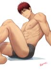  1boy abs feet_out_of_frame grey_male_underwear kagami_taiga kuroko_no_basuke looking_at_viewer male_focus male_underwear muscular muscular_male nipples on_floor parted_lips pectorals red_eyes red_hair short_hair signature simple_background solo thighs underwear underwear_only white_background zawar379 