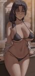  1girl absurdres arm_support black_bra black_hair black_panties blush bra breasts carla_yeager closed_mouth collarbone cowboy_shot highres large_breasts light_smile long_hair looking_at_viewer navel oroborus panties shingeki_no_kyojin solo standing underwear 