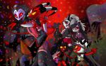  anthro avian bird blitzo_(helluva_boss) canid canid_demon carrying clothing confetti demon detailed_background eye_contact female fur grey_body grey_fur grey_hair group hair hand_holding hat headgear headwear hellhound helluva_boss hi_res holding_object holding_phone horn husband husband_and_wife imp lgbt_pride long_hair looking_at_another loona_(helluva_boss) male mammal married_couple millie_(helluva_boss) mistmistly moxxie_(helluva_boss) octavia_(helluva_boss) owl owl_demon phone piggyback piggyback_postition pride_color_background pride_color_flag pride_colors red_body red_eyes red_skin short_hair simple_background stolas_(helluva_boss) white_face wife yellow_eyes 