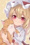  1girl animal ascot blonde_hair blush cat closed_mouth commentary fingernails flandre_scarlet hair_between_eyes hat highres holding holding_animal holding_cat looking_at_viewer medium_hair mob_cap orange_cat outline puffy_short_sleeves puffy_sleeves r_utchi red_eyes red_nails short_sleeves smile star_(symbol) touhou white_outline wings yellow_ascot 