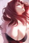  1girl breasts camisole cleavage closed_eyes large_breasts lips long_hair mole mole_under_mouth no_bra olchas original red_hair strap_slip 