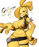  anthro blonde_hair breasts clothed clothing female generation_9_pokemon gholdengo hair hi_res looking_at_viewer nintendo one_eye_closed open_mouth pokemon pokemon_(species) simple_background solo togetoge yellow_body yellow_eyes 