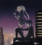  1boy 1girl black_dress black_jacket black_pants black_thighhighs blonde_hair cityscape dress facing_to_the_side highres hoshina_utau jacket long_sleeves looking_afar night night_sky pants purple_eyes purple_hair short_hair shugo_chara! sketch sky thighhighs tsukiyomi_ikuto twintails waka_ryou 