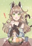  ! +_+ animal_ears cat_ears cat_tail detached_sleeves food genshin_impact green_eyes hair_ornament highres interlocked_fingers japanese_clothes kirara_(genshin_impact) light_brown_hair long_hair long_sleeves multiple_tails open_mouth own_hands_clasped own_hands_together plate smile star-shaped_pupils star_(symbol) star_hair_ornament symbol-shaped_pupils tail two_tails wanmofu 
