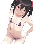 1girl bare_arms bare_legs bare_shoulders bikini black_hair blush borgbutler breasts cowboy_shot grin hair_between_eyes highres long_hair looking_at_viewer love_live! love_live!_school_idol_project micro_bikini purple_bikini red_eyes simple_background small_breasts smile solo swimsuit twintails white_background yazawa_nico 
