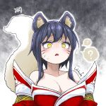 1girl ? ahri_(league_of_legends) animal_ears bare_shoulders breasts cleavage d: detached_sleeves facial_mark fox_ears fox_tail gradient_background grey_background juliet_sleeves large_breasts league_of_legends lolboja long_sleeves medium_hair puffy_sleeves red_sleeves short_hair sidelocks solo speech_bubble tail whisker_markings yellow_eyes 
