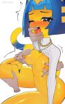  2023 absurd_res ambiguous_gender animal_crossing ankha_(animal_crossing) anthro blue_hair bob_cut bodily_fluids bottomless breast_grab breasts clothed clothing crop_top crying disembodied_hand domestic_cat drooling eyelashes eyeshadow felid feline felis female finger_in_mouth fingernails fur group hair hand_on_breast hi_res human jewelry leg_grab long_fingernails looking_pleasured makeup male male/female mammal markings medium_breasts nails necklace nintendo nipple_fetish nipple_play one_eye_closed open_mouth pupils re1akko saliva shirt short_hair shrug_(clothing) simple_background sitting solo striped_markings striped_tail stripes sweater tail tail_markings tears tears_of_pleasure thigh_grab topwear uraeus white_background white_pupils yellow_body yellow_fur 