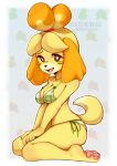  2023 animal_crossing anthro artist_name bikini blush blush_stickers breasts canid canine canis clothed clothing coffeechicken dipstick_tail domestic_dog female fingers hi_res isabelle_(animal_crossing) kneeling looking_at_viewer mammal markings nintendo open_mouth pattern_background pawpads pink_pawpads shih_tzu side-tie_bikini simple_background solo string_bikini swimwear tail tail_markings toy_dog 