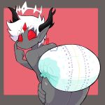  2021 archived_source bent_over blush butt butt_focus clean_diaper diaper diaper_fetish dljoe grey_body horn horned_humanoid humanoid humanoid_pointy_ears looking_back male red_eyes simple_background solo 
