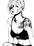  1girl bare_shoulders black_bra bra breasts chainsaw_man cigarette cleavage collarbone earrings eyepatch flower_tattoo greyscale highres hoop_earrings jewelry large_breasts midriff monochrome navel parted_lips ponytail quanxi_(chainsaw_man) raberu_ruru solo tattoo underwear upper_body white_background 