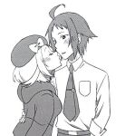  1boy 1girl ahoge belt bianca_(pokemon) blush breast_pocket cheren_(pokemon) closed_eyes collared_shirt commentary_request greyscale hat hetero imminent_kiss jacket kaori_kazuma monochrome necktie pocket pokemon pokemon_(game) pokemon_bw2 shirt simple_background 