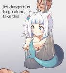  1girl :&lt; ahoge animal_ears bag barefoot blue_eyes blue_hair blunt_bangs breasts cat_ears closed_mouth commentary completely_nude cube_hair_ornament english_commentary english_text feet fins fish_tail gawr_gura grey_background hair_ornament highres hololive hololive_english hugging_own_legs in_bag in_container light_blush medium_hair mini_person minigirl multicolored_hair nude photo-referenced plastic_bag shark_girl shark_tail side_ponytail sidelocks simple_background small_breasts solo_focus streaked_hair tail toes tofumang virtual_youtuber white_hair 