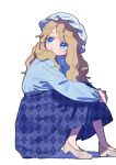  1girl blonde_hair blue_eyes blue_shirt blue_skirt grey_footwear hat high_heels highres long_hair long_sleeves maribel_hearn mob_cap nama_udon parted_lips shirt skirt solo touhou white_background white_headwear 