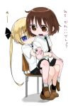  2girls blonde_hair blue_eyes blush brown_eyes brown_hair cellphone collared_shirt dress_shirt fusuma_(suwaru_boom) hair_ribbon kill_me_baby long_hair multiple_girls necktie open_mouth oribe_yasuna phone ribbon school_uniform shirt short_hair short_sleeves sitting sitting_on_lap sitting_on_person skirt smartphone sonya_(kill_me_baby) translated twintails white_background white_shirt yuri 