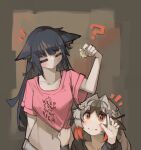  2girls ? absurdres animal_ears arknights arm_up black_hair blunt_bangs brown_hair closed_mouth clothes_tug commentary crop_top ears_down english_commentary facing_another hands_up highres holding jessica_(arknights) keep_calm_and_carry_on long_hair long_sleeves looking_at_viewer midriff multicolored_hair multiple_girls navel notice_lines orange_eyes orange_hair pink_shirt shirt short_sleeves sidelocks snowsant_(arknights) stomach streaked_hair togekk0 
