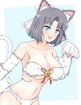  1girl :3 :d animal_ear_fluff animal_ears animal_hands bare_shoulders bell bikini blue_background blue_eyes blush body_fur bow breasts cat_ears cat_girl cat_paws cat_tail cleavage collarbone commentary_request fur_bikini grey_hair groin hair_bow highres jingle_bell large_breasts linea_alba looking_at_viewer navel open_mouth paw_pose pawpads red_ribbon ribbon sasakura_(jgay7435) senran_kagura senran_kagura_peach_ball senran_kagura_shinovi_versus short_hair simple_background smile solo swimsuit tail underboob white_bow white_fur yumi_(senran_kagura) 