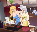  2girls after_sex apron blonde_hair blue_eyes breasts cleavage cooking couch couple egg food gcho highres large_breasts multiple_girls muscular muscular_female naked_apron pancake prosthesis prosthetic_arm rwby scar slap_mark small_breasts smile torn_clothes weiss_schnee white_hair yang_xiao_long yuri 