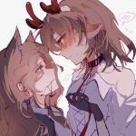  2girls =3 absurdres animal_ears antlers black_gloves blush braces brown_eyes brown_hair chinese_commentary collared_shirt commentary_request deer_antlers deer_ears deer_girl eye_contact eyes_visible_through_hair from_side gloves height_difference highres holding holding_leash leash long_hair looking_at_another medium_hair multiple_girls necktie orange_necktie qileen reverse:1999 shirt simple_background single_bare_shoulder smirk spoken_blush sweat tooth_fairy_(reverse:1999) white_background white_shirt yuri z_(reverse:1999) 