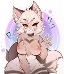  anthro breasts female fluffy fluffy_ears fluffy_tail fur gesture haokan hi_res kemono looking_at_viewer neck_tuft nipples nude simple_background smile smiling_at_viewer solo tail tuft v_sign 
