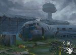  aircraft airplane artist_logo building caution_tape cloud cloudy_sky debris highres no_humans original outdoors post-apocalypse scenery sky wreckage xingzhi_lv 