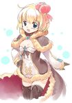  1girl :d bangs black_gloves black_thighhighs blonde_hair blue_eyes blush brown_cape brown_dress cape commentary_request cowboy_shot cross crown crystal dress emurin flat_chest folded_thighhighs fur-trimmed_cape fur-trimmed_dress fur_trim gloves hand_on_hip looking_at_viewer official_alternate_costume open_mouth ragnarok_online red_cape short_dress short_hair smile solo thighhighs two-sided_cape two-sided_fabric two-tone_dress warlock_(ragnarok_online) white_background white_dress 